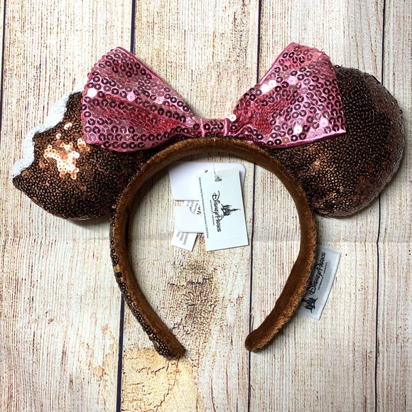 Disney Brown Sequin Pink Bow Mickey Ice Cream Bar Minnie Ears Headband NWT
